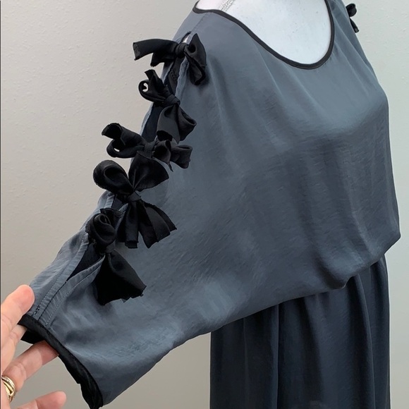 NWT THREAD silky elastic waist work part designer dress bow tie bat wing sleeves - Picture 12 of 14